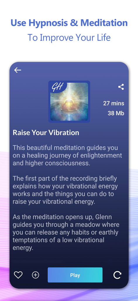 Relax And Sleep Well Hypnosis - Raise Your Vibration meditation track details in the Relax and Sleep Well app interface