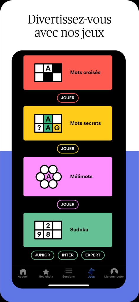 The games screen of Le Devoir mobile app showing French word games and sudoku