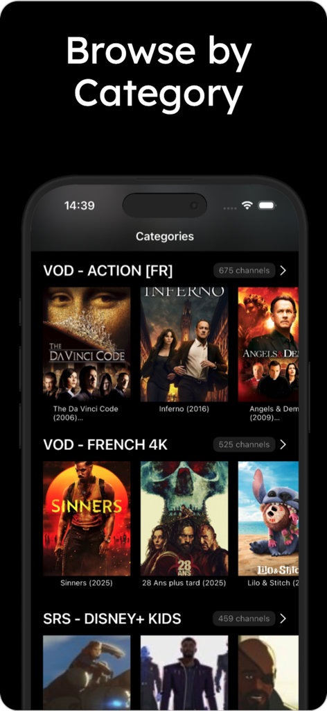 playr - iptv player - Browse by category screen showing various movie and show posters in the playr iptv app interface