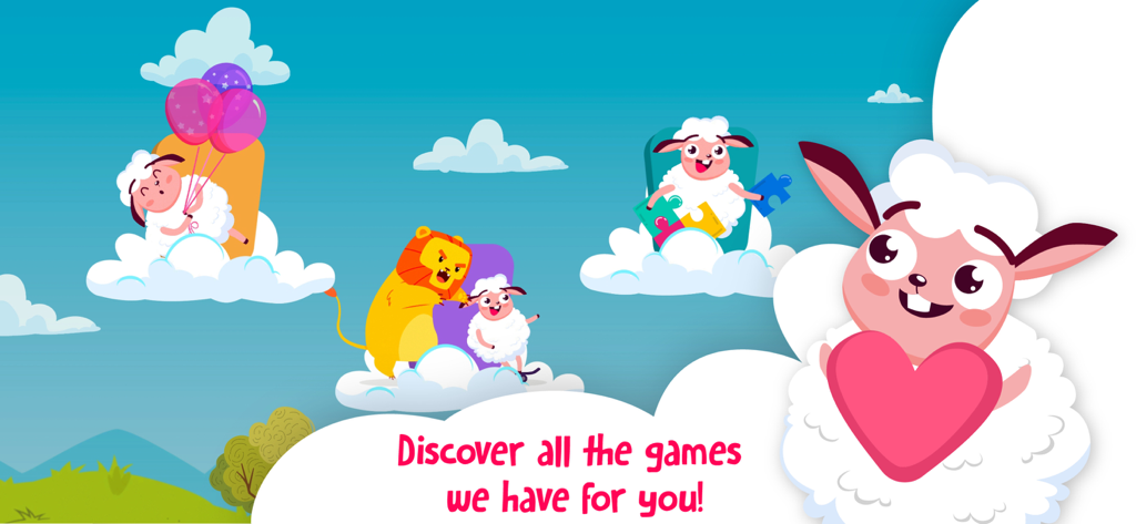 The Little Sheep Joy - Joy the sheep holding a heart with a showcase of various mini games for children