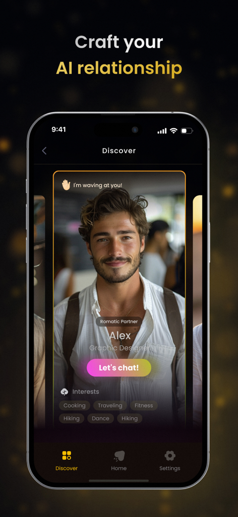 Chat with AI Friend - Chatbot - A mobile app screen showing a profile for an AI romantic partner named Alex with interest tags and a chat button