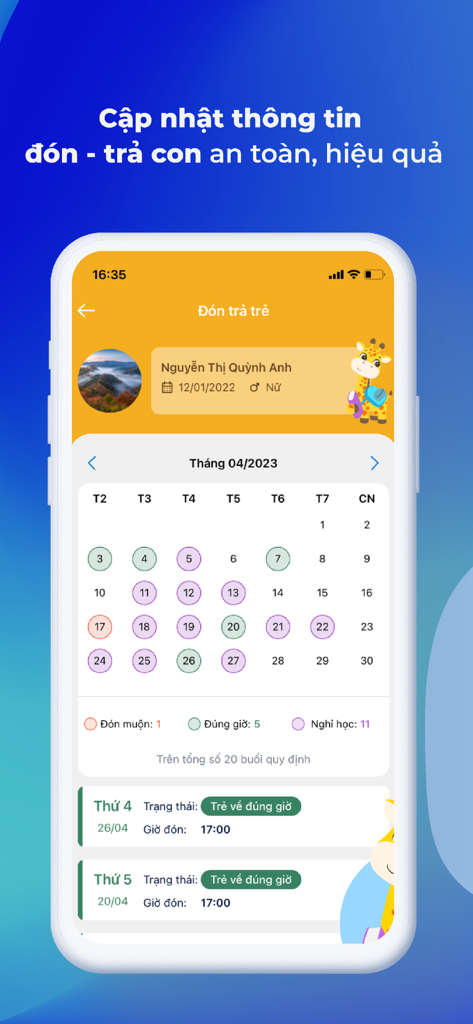 vnEdu Connect - Interface de l'application mobile vnEdu Connect montrant un calendrier mensuel de suivi des prises en charge et de la présence des élèves