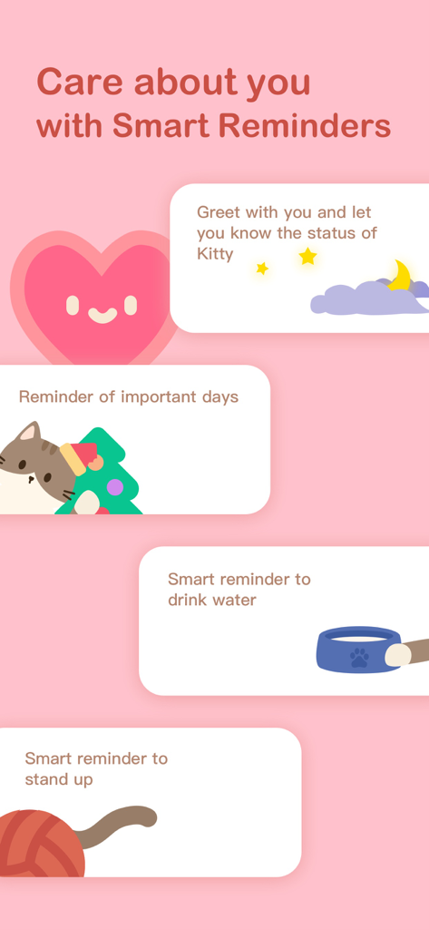 Cute pet: Self care pet widget - A pink interface for the Cute Pet app showing smart reminders for greeting the pet, drinking water, standing up, and tracking important days.