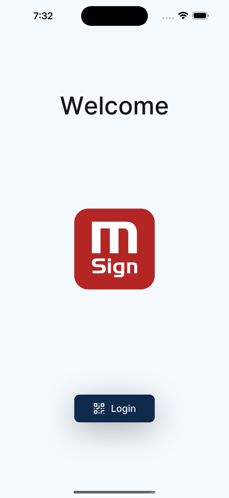 mSign - Welcome screen of the mSign digital signature app featuring the logo and a login button
