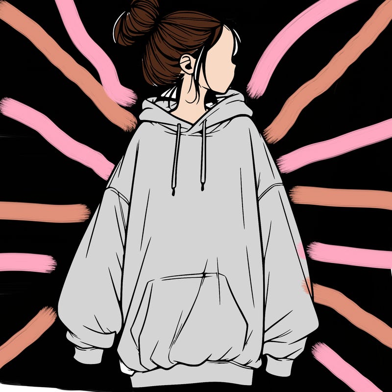 realistic girl with a oversized sweatshirt on and a bun
