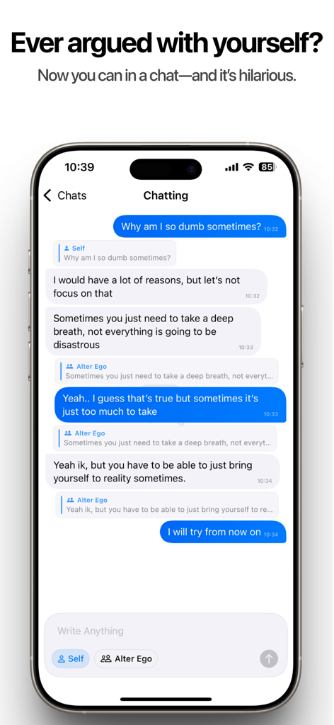 SoloType - Chat with Yourself - SoloType app screen displaying a chat conversation between a user and their alter ego