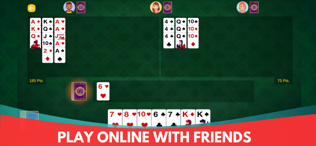 In-game screenshot of Bukharo Indian Buraco card game featuring online play with friends