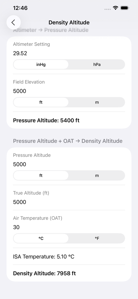 Interface of the Density Altitude calculator within the Pilot Toolkit app showing pressure altitude and temperature inputs