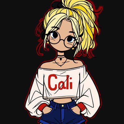 girl with a messy ponytail glasses a baggy crop top and jean shorts