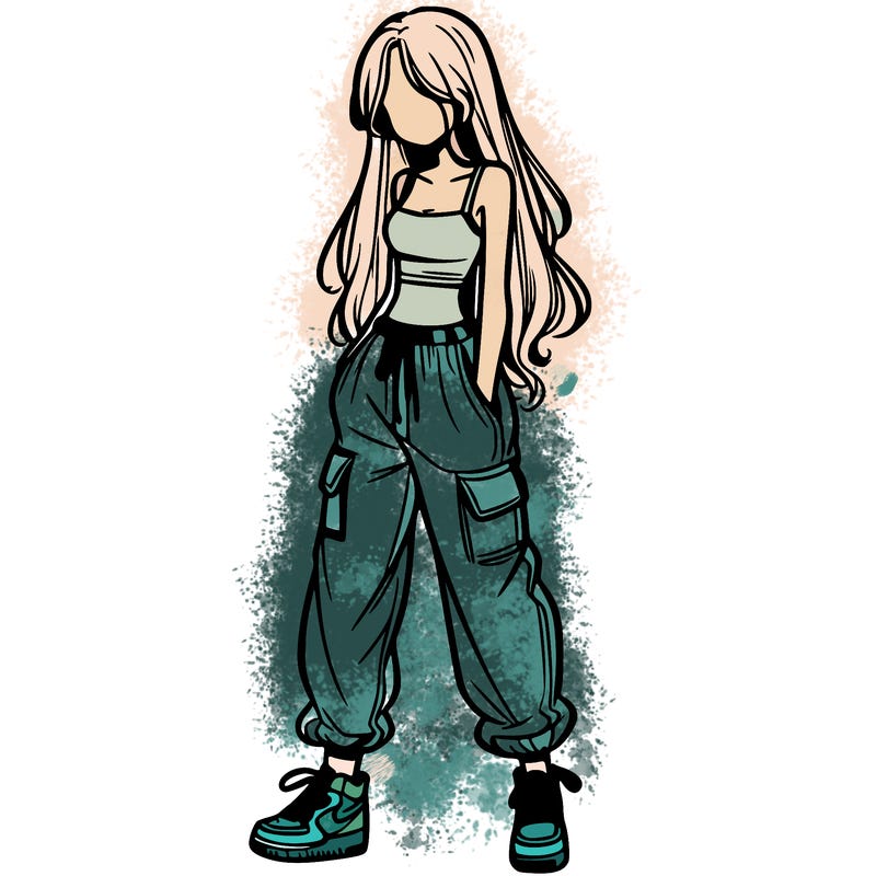 girl in baggy pants crop top and long hair