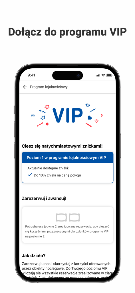 Screenshot der Nocowanie.pl App, der Details zum VIP-Treueprogramm und Reiseangebote zeigt