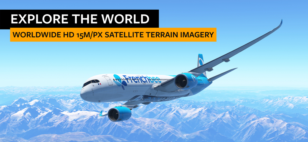 Un avión French bee vuela sobre un detallado paisaje montañoso en Infinite Flight Simulator