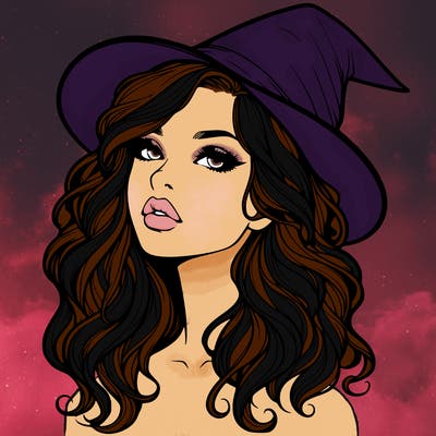 realistic witch girl with wavy hair and lips