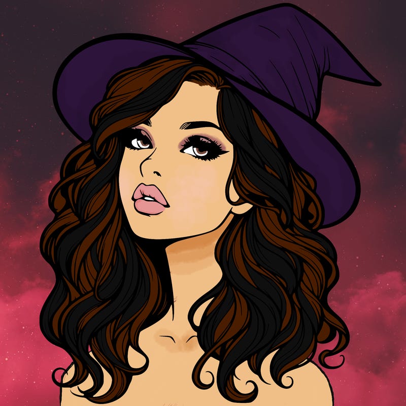 realistic witch girl with wavy hair and lips
