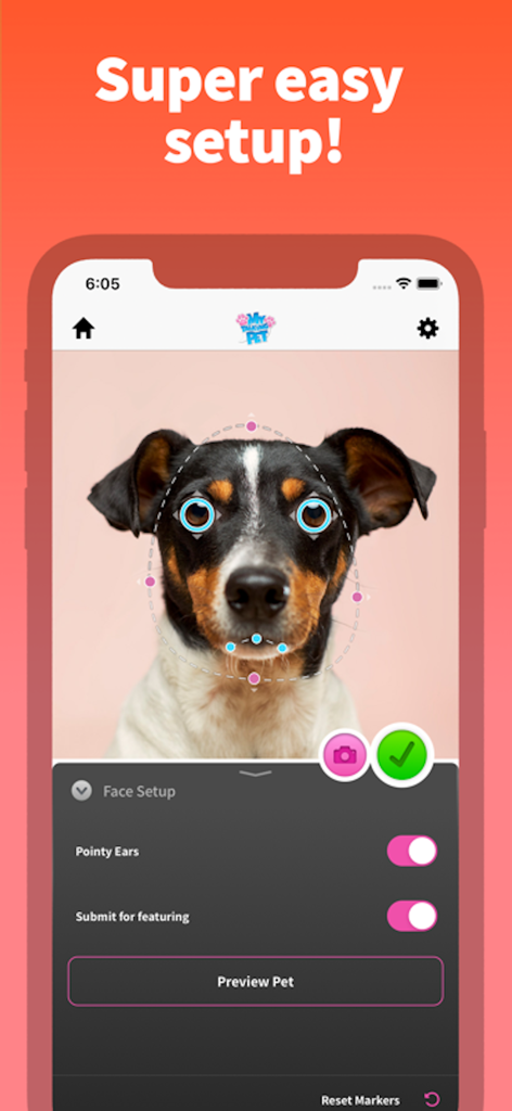 My Talking Pet - Interface of the My Talking Pet app showing the face mapping process for a dog photo to create a talking animation
