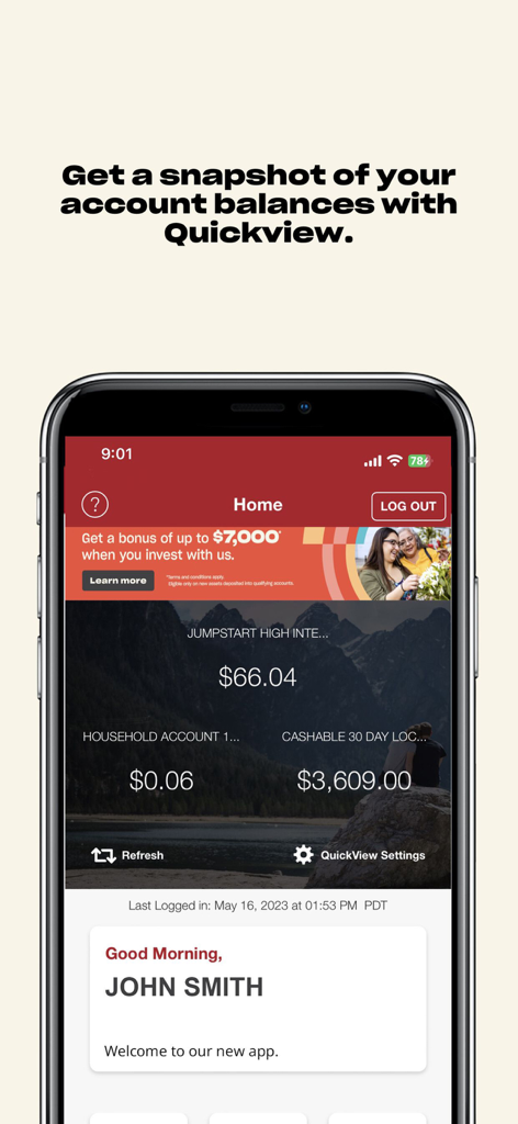 vancity mobile app home screen showing account balances using the quickview feature
