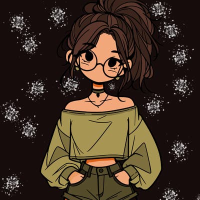 girl with a messy ponytail glasses a baggy crop top and jean shorts