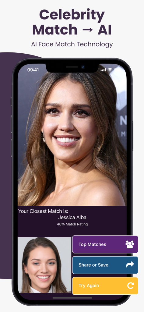 Celeb AI App-Oberfläche, die eine Celebrity-Look-Alike-Übereinstimmung mit Jessica Alba zeigt.