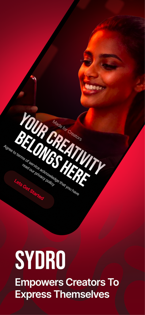 Sydro - Marketing screen for the Sydro app featuring a smiling woman and the text Your Creativity Belongs Here