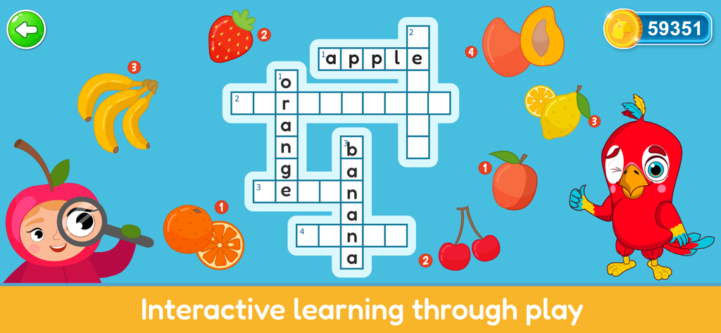 Voca Tooki - Learn English - A colorful fruit-themed crossword puzzle game for kids in the Voca Tooki app