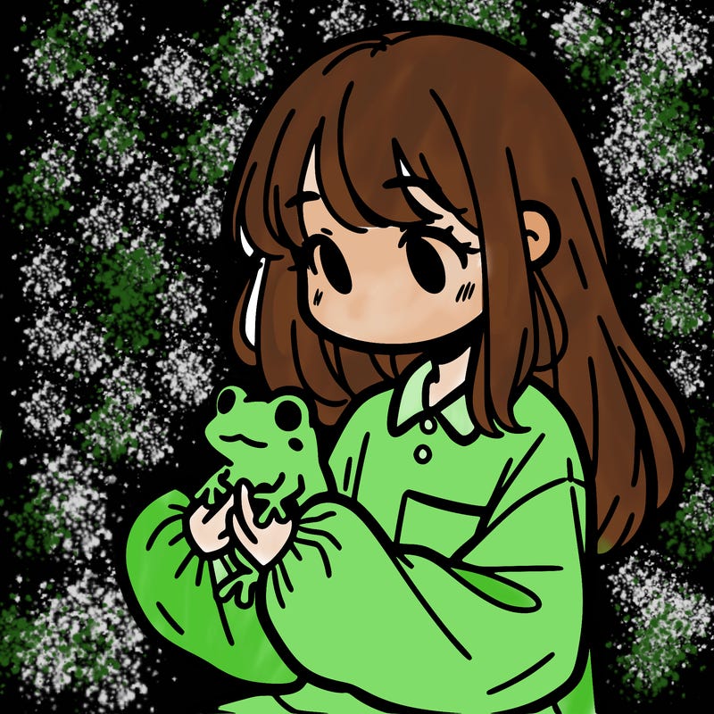girl with long hair and a oversized shirt. and she is holding a frog