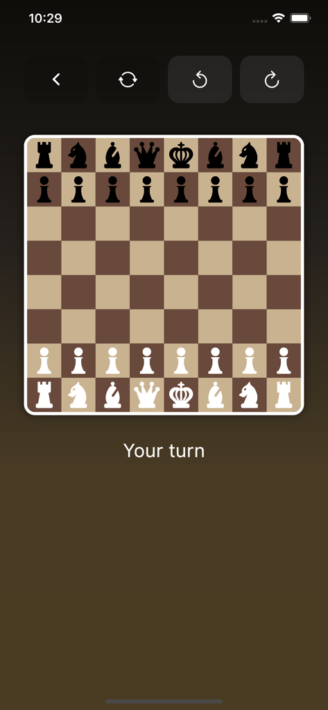 Chess Room: Play & Learn Chess - A minimalist chess board at the start of a game with white and black pieces in their initial positions.