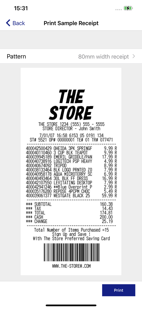 Vista previa de la impresión de un recibo de muestra en la aplicación Epson TM Utility.