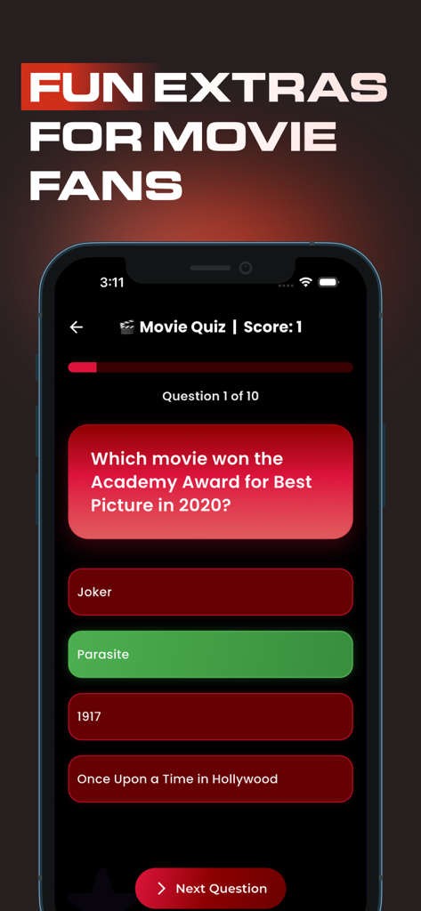 Captura de tela do aplicativo Cineby mostrando uma pergunta de quiz sobre curiosidades de filmes sobre o vencedor do Oscar de Melhor Filme de 2020 com a resposta correta Parasita selecionada.