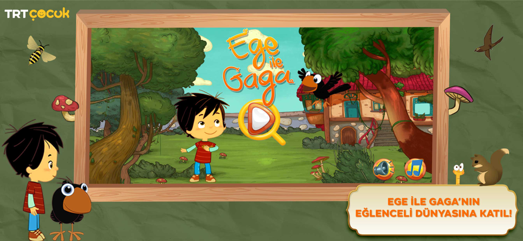 TRT Ege ile Gaga - Ege와 Gaga 까마귀가 나오는 TRT Ege ile Gaga 어린이 게임의 메인 메뉴. 만화 스타일의 자연 배경.