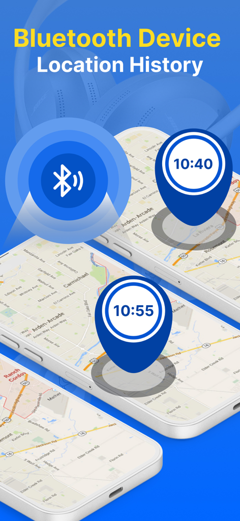 Bluetooth Finder : Ble Scanner - A map interface showing the location history of a Bluetooth device with timestamps in pins.