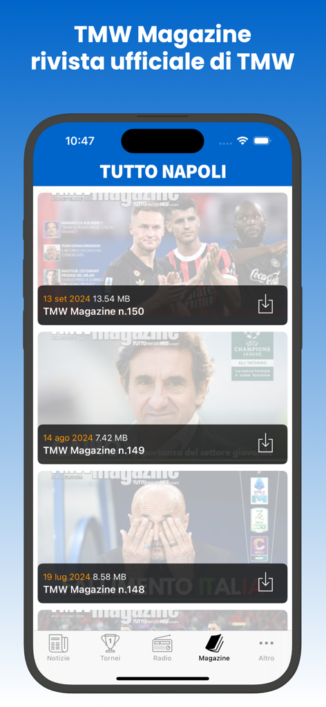 Tutto Napoli - Aplicativo móvel Tutto Napoli exibindo uma seleção de edições da Revista TMW para download com notícias de futebol.