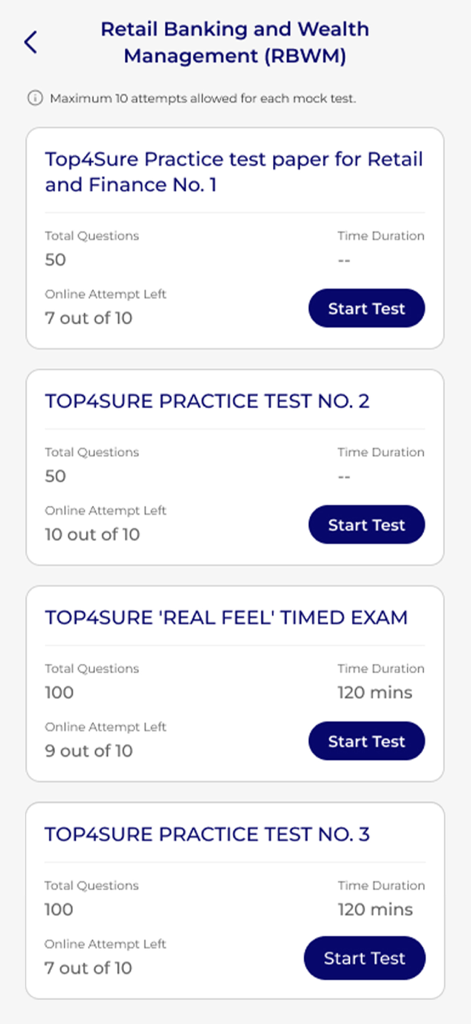 TOP4SURE - TOP4SURE app screen showing available practice tests and timed exams for Retail Banking and Wealth Management