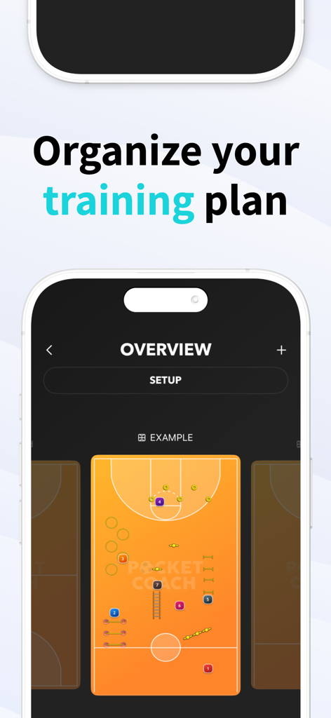 Pocket Coach Board Basketball - A smartphone screen displaying the Pocket Coach Board Basketball app interface for organizing training drills on a digital court