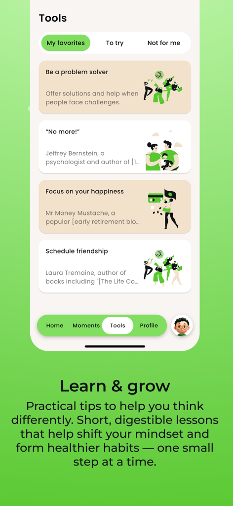 Interface of the HappyHero app showing the Tools tab with various lessons on problem solving and happiness mindset.