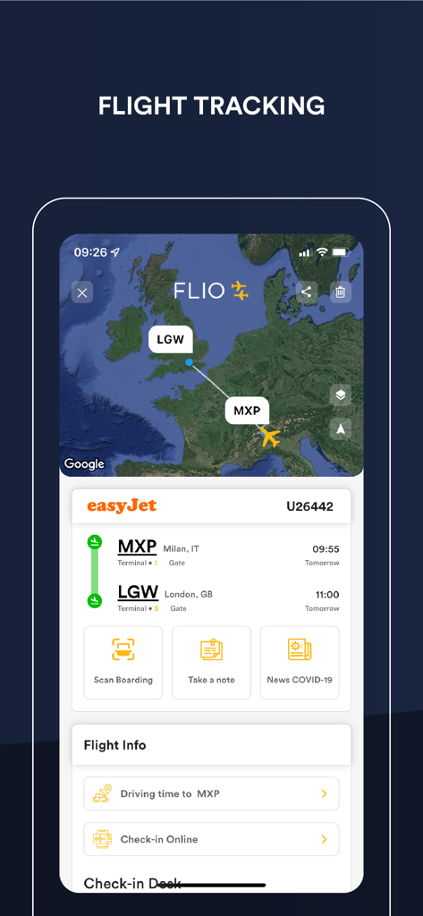 FLIO app interface displaying flight tracking map and details for an easyJet flight
