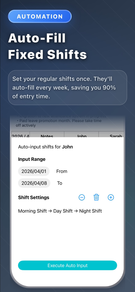 TapShift - Shift manager - Schermata dell'app TapShift che mostra la funzionalità di riempimento automatico dei turni fissi per la pianificazione dei dipendenti