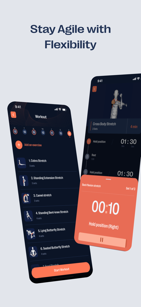 Zenoのモバイルアプリインターフェース。柔軟性ワークアウトルーチンとストレッチタイマーを表示。