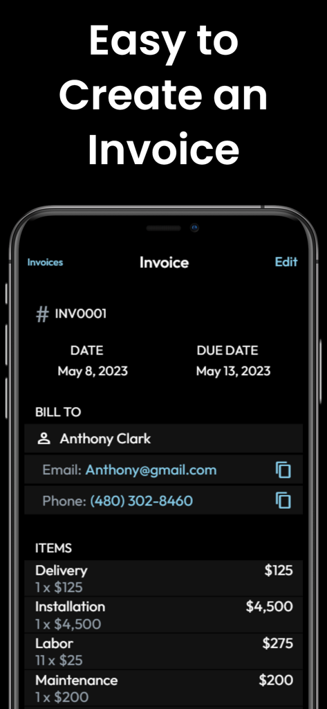請求書メーカーアプリ内で、顧客向けの品目別プロフェッショナル請求書をダークモードで表示するスマートフォン画面