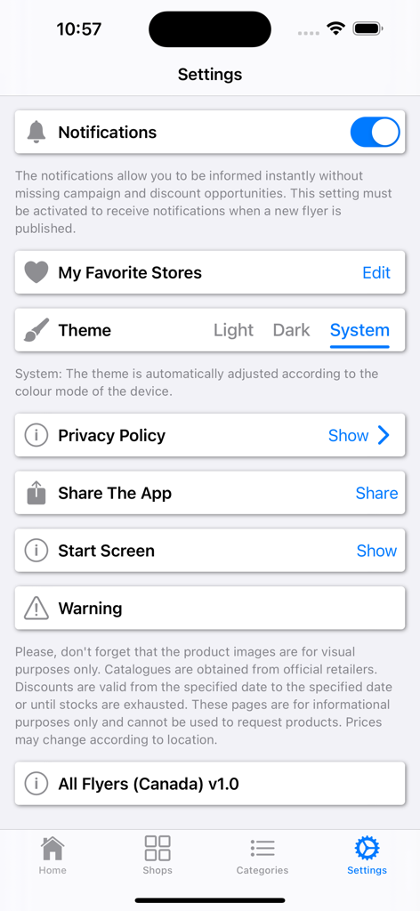 All Flyers (Canada) - Settings screen of the All Flyers Canada app showing options for notifications, favorite stores, and theme selection.