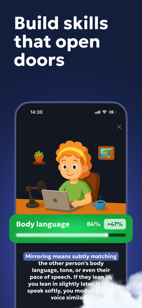 Vocal Image app interface demonstrating body language skills and progress metrics.