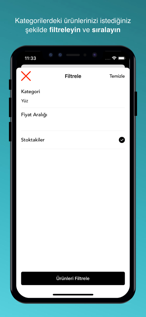 Golden Rose - Pantalla de filtrado de productos en la aplicación móvil Golden Rose que muestra opciones de categoría y rango de precios.