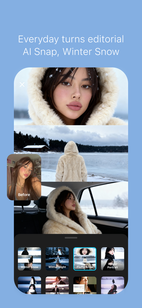 Interface de l'application SNOW montrant une retouche photo IA sur le thème de l'hiver avec plusieurs options de filtres