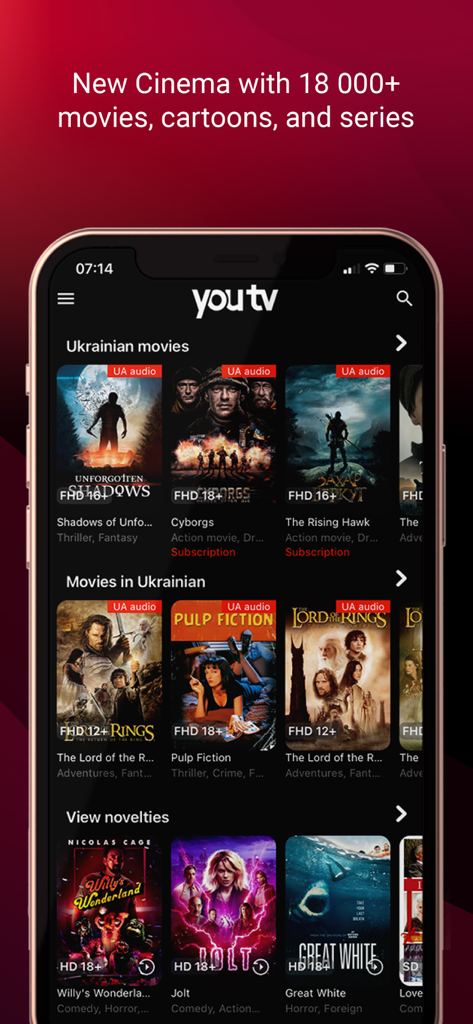 youtv — online TV and movies - Pantalla de la app móvil youtv mostrando una amplia selección de películas ucranianas e internacionales con audio en ucraniano