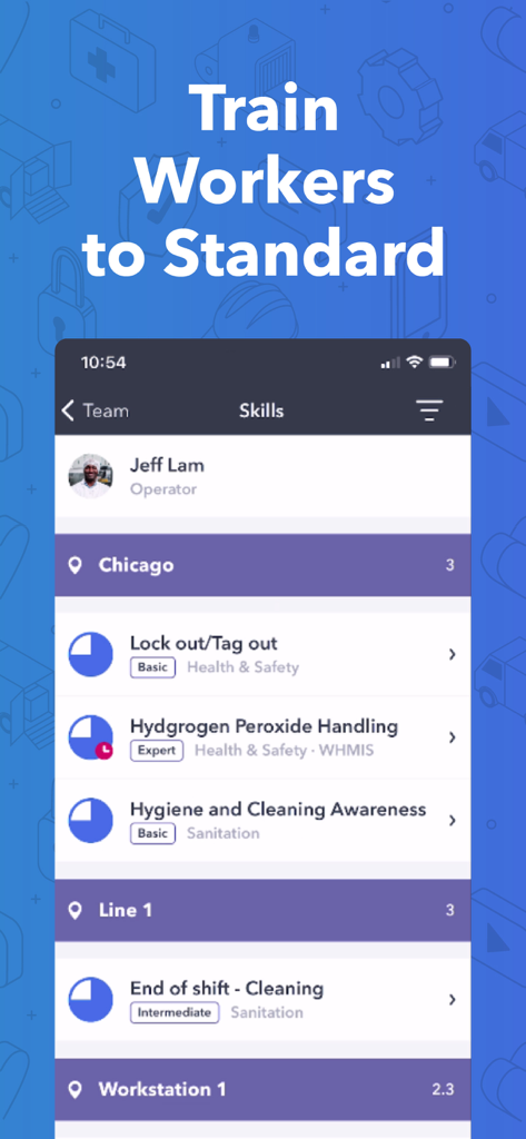 Poka App - Interfaccia dell'app mobile per il monitoraggio delle competenze dei lavoratori di produzione e dei progressi formativi
