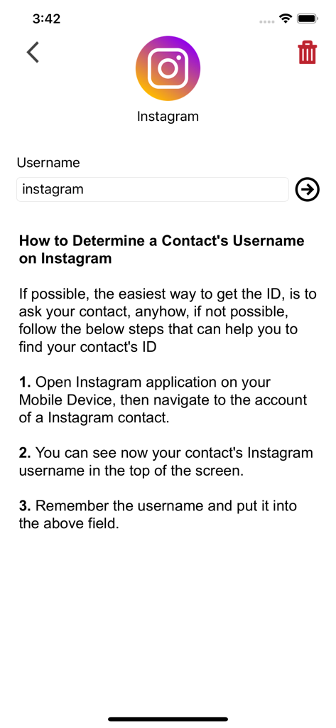 A step-by-step guide within the Interactive Contact List app on how to find a contact's Instagram username.