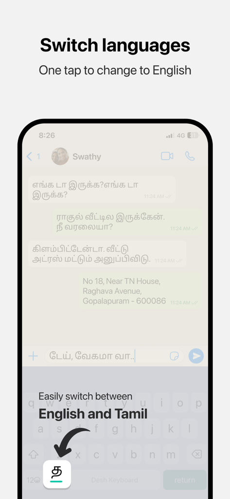 Desh Tamil Keyboard - Una captura de pantalla de la interfaz de la aplicación Desh Tamil Keyboard que muestra una conversación de chat y el botón de un toque para cambiar entre idiomas tamil e inglés.