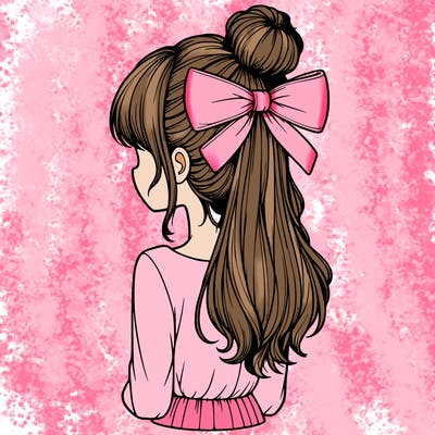 realistic girl  with hip length hair a bun and a big bow on the back of head