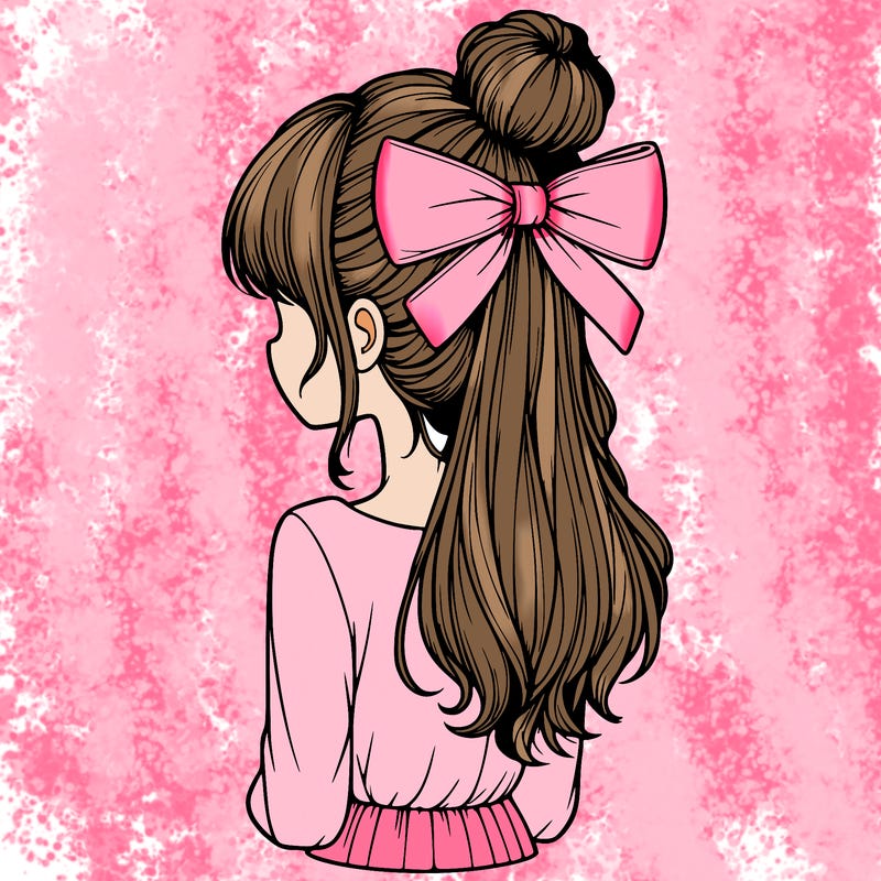 realistic girl  with hip length hair a bun and a big bow on the back of head
