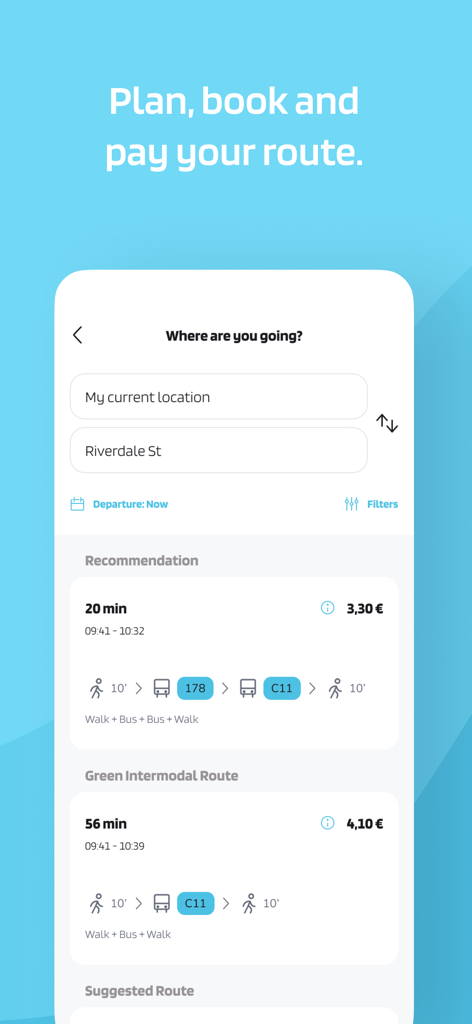 Interfaz de la aplicación Alsa Mobi4U que muestra la planificación de rutas de autobús y opciones de precios