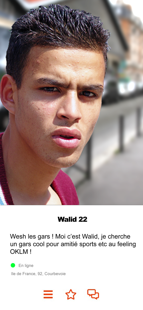 Beuronline - gay arab chat - A user profile on the Beuronline gay chat app featuring a young man named Walid